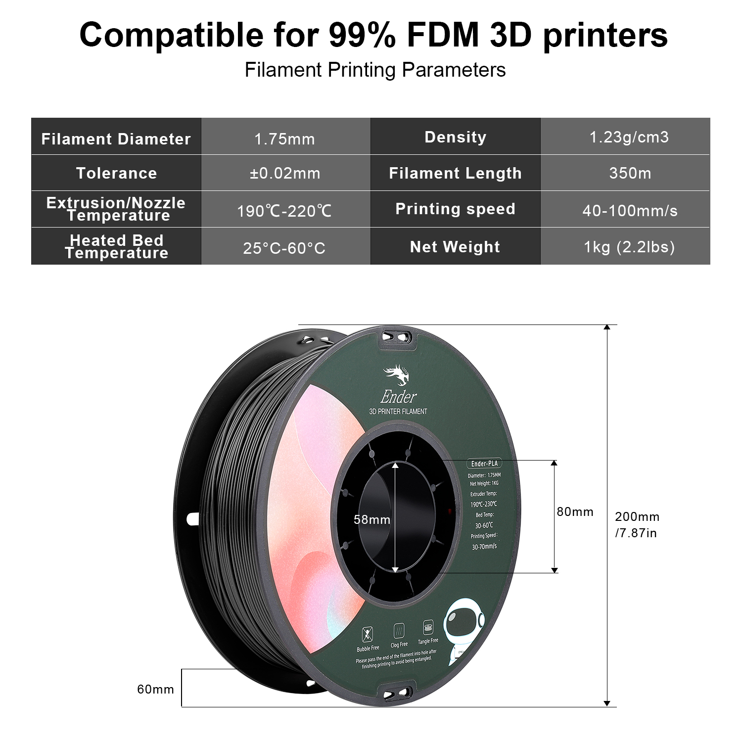  Filament PLA Creality Ender Noir 1.75 mm 1Kg