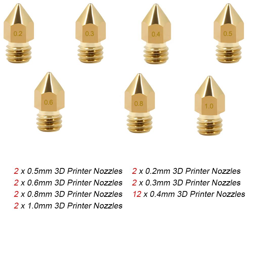 19Pcs MK8 Brass Extruder Nozzle Print Head For 3D Printer Set CR-10 0.2mm-1.0mm 