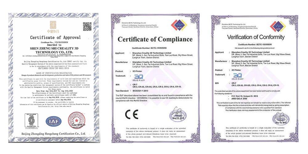 Creality 3D printer Certificate