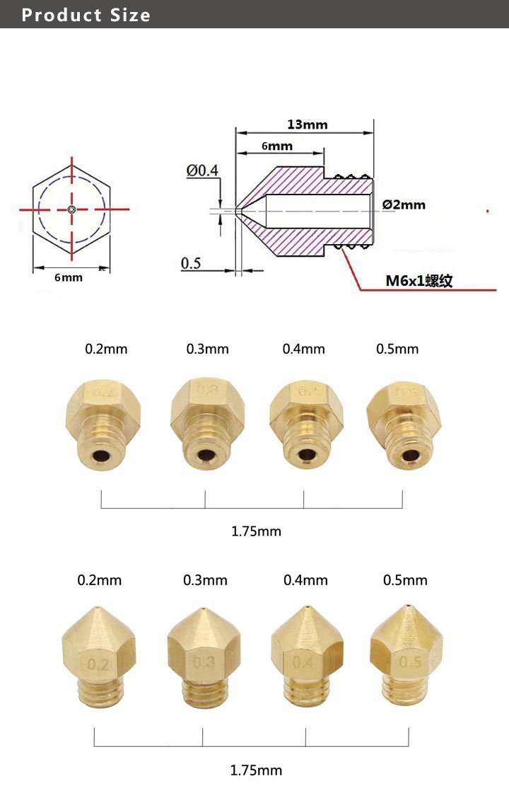 Buse Imprimante 3D MK8 Buse 0.2mm, 0.3mm, 0.4mm, 0.5mm, 0.6mm, 0.8mm, 1 mm  Buse pour imprimante 3D Makerbot Creality CR-10 ANET A8 CR-10 Ender 3